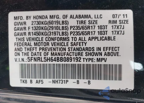2011 Honda Odyssey Ex-L z USA, uszkodzony, nr VIN 5FNRL5H64BB089192